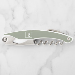 Modern Sage Groen Wit Monogram Initialen Fles Kurkentrekker