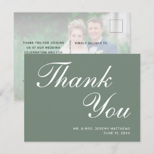 Modern Sage Groen Wit Script Bruiloft Dank u Briefkaart