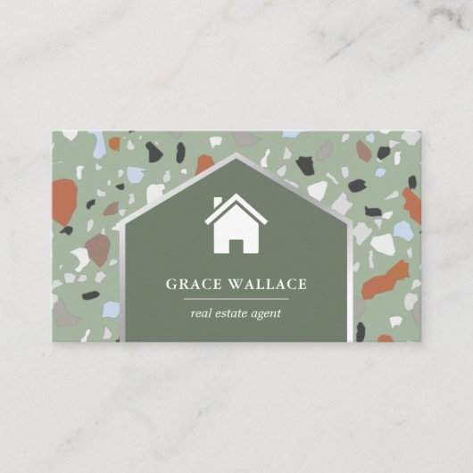 Modern Sage Terrazzo Real Estate Photo QR Code Visitekaartje (Voorkant)