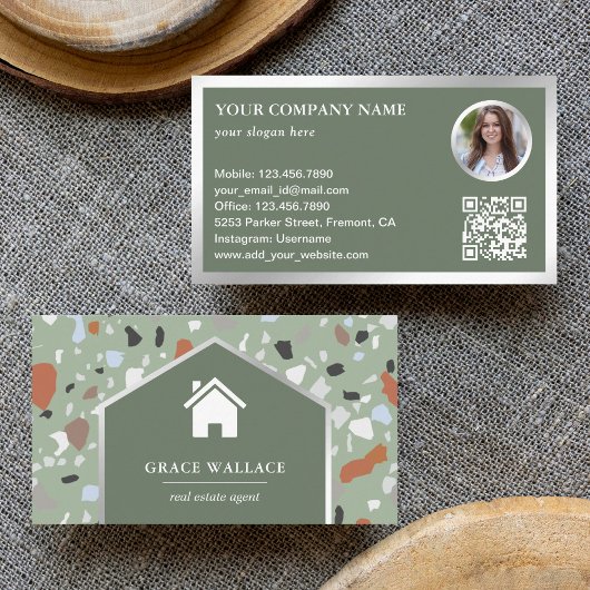Modern Sage Terrazzo Real Estate Photo QR Code Visitekaartje