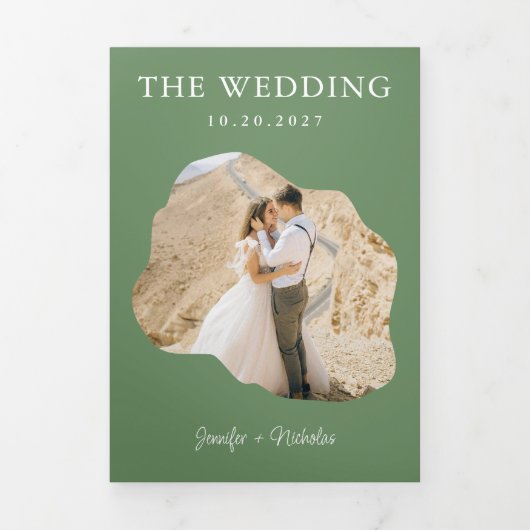 Modern Sage Wedding RSVP Details QR Code Foto Drieluik Uitnodiging (Cover)