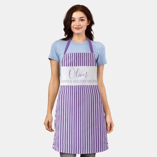 Modern Santa Holiday Helper Paars Striped Apron Schort (Gedragen)
