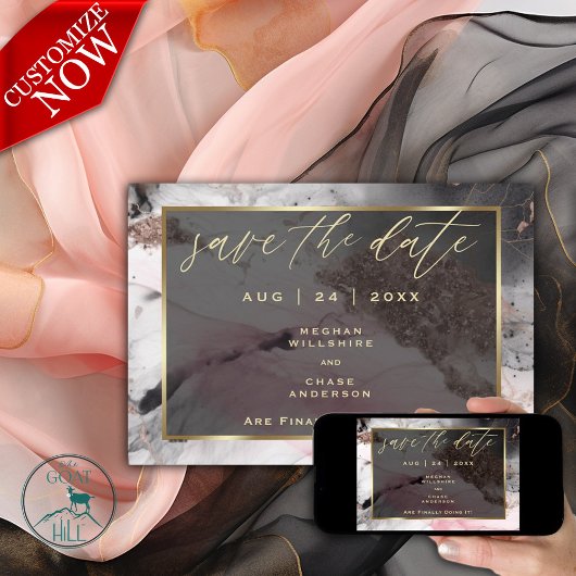 Modern Save the Date Abstract Roos Charcoal Gold Kaart