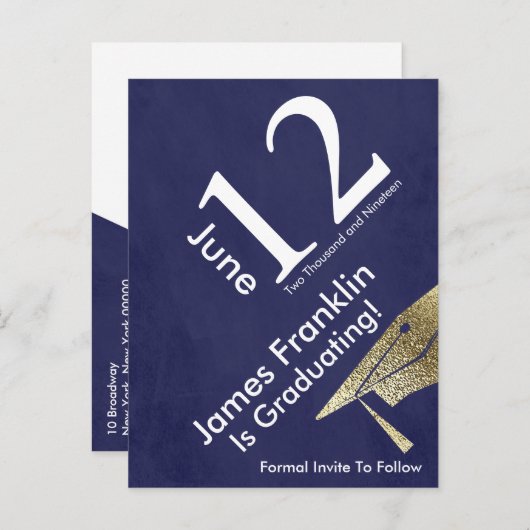 Modern Save the Date Afstuderen Goud Wit Blauw Aankondigingskaart (Voorkant / Achterkant)
