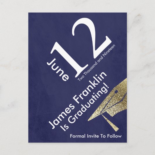 Modern Save the Date Afstuderen Goud Wit Blauw Aankondigingskaart (Voorkant)