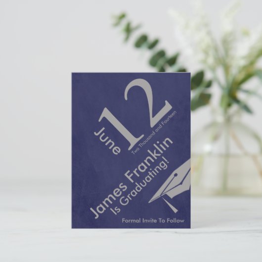 Modern Save The Date Afstuderen - Zilver en Blauw Aankondigingskaart (Staand voorkant)