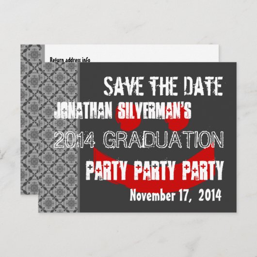 Modern Save the Date Graduation Party Rood Zwart Aankondigingskaart (Voorkant / Achterkant)