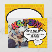 Modern Save the Date Photo Comic Book KAPOW Aankondigingskaart (Voorkant / Achterkant)