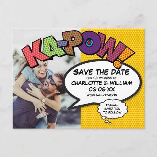 Modern Save the Date Photo Comic Book KAPOW Aankondigingskaart (Voorkant)