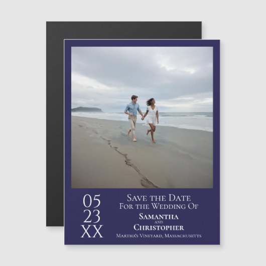Modern Save the Date Photo Navy Blue Magnet (Voorkant / Achterkant)