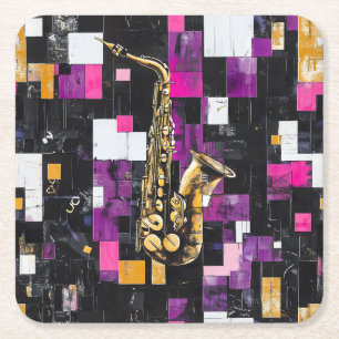 Modern saxofoonpatroon vierkante kartonnen onderzetter