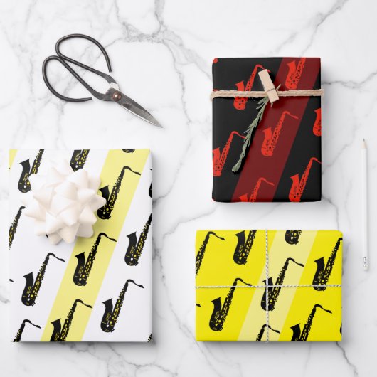 Modern Saxophone Pattern Jazz Black White Saxo Inpakpapier Vel (Voorkant)
