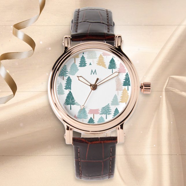 Modern Scandi Christmas Tree Pattern Monogram Horloge (An elegant monogrammed wristwatch with Scandi-style modern Christmas trees pattern in pastel colors)