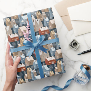 Modern Scandi Winter Town Houses Pattern Blue Red Cadeaupapier