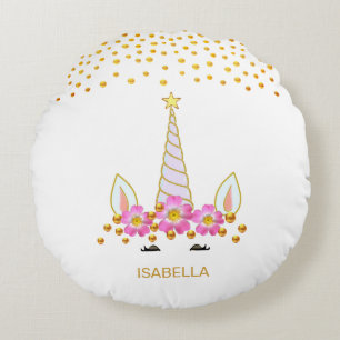 Modern, Schattig Eenhoorn, Bloemen & Gouden Confet Rond Kussen
