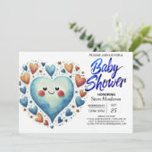 Modern Schattige Blauw Harten Waterverf Jongen Bab Kaart (Staand voorkant)