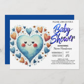 Modern Schattige Blauw Harten Waterverf Jongen Bab Kaart (Voorkant / Achterkant)