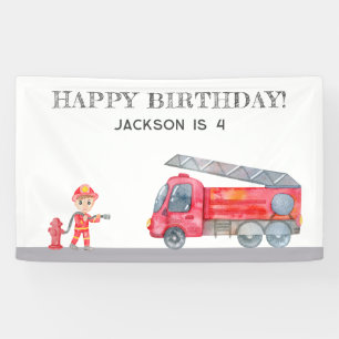 Modern Schattige Fireman Firetruck Boys verjaardag Spandoek