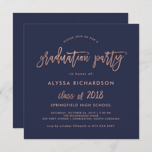 Modern script | 2018 Afstudeerfeest Roos Gold Kaart (Voorkant / Achterkant)