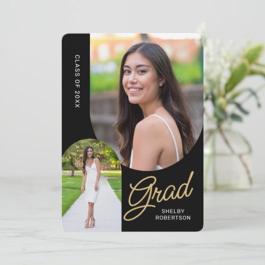 Modern Script 2 Arched Photos Afstuderen Aankondiging (Staand voorkant)