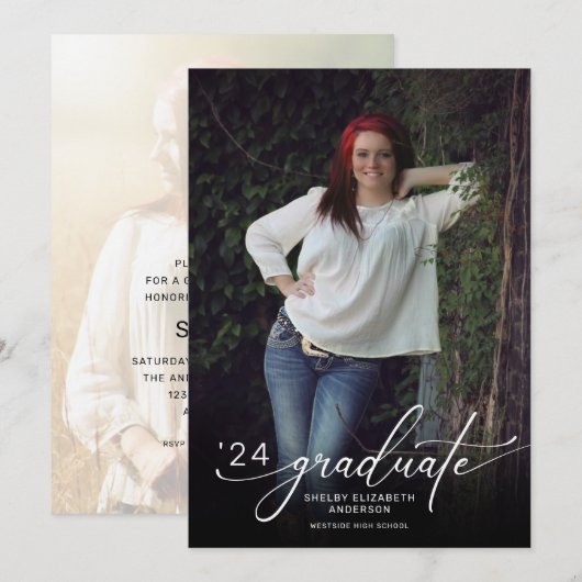 Modern script 2 Foto Verticaal Afstuderen Kaart (Voorkant / Achterkant)