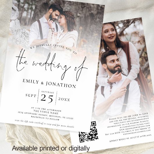 Modern Script 2 Foto's Overlay QR Code Bruiloft Kaart