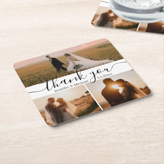 Modern Script 3 foto bruiloft Dank u Vierkante Kartonnen Onderzetter (Schuin)