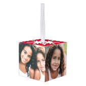 Modern Script 3 Foto Sneeuwvlok Kerstmis Rood Kubus Ornament (Achter hoekig)