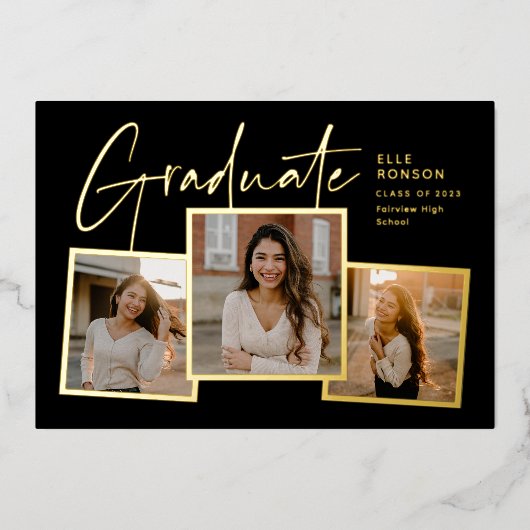 Modern Script 3 Fotocollage Goud Afstuderen Folie Uitnodiging (Voorkant)