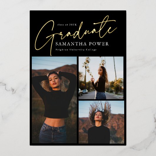 Modern Script 3 Foto's Geometrisch Afstuderen Folie Uitnodiging (Voorkant)