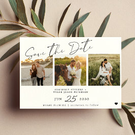 Modern script 3 foto's zwart-wit bruiloft save the date