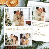 Modern Script 3 Photo Collage Gold White Christmas Feestdagenkaart