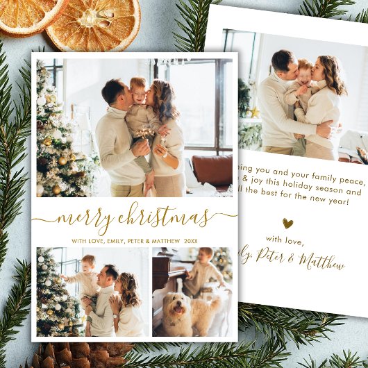 Modern Script 3 Photo Collage Gold White Christmas Feestdagenkaart