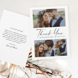 Modern script 3 Photo Wedding Bedankkaart