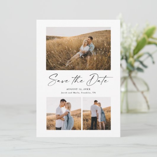 Modern script 3 Photo Wedding Save The Date (Staand voorkant)