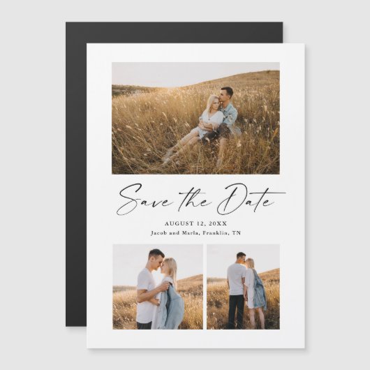 Modern script 3 Photo Wedding Save the Date Magnetische Uitnodiging (Voorkant / Achterkant)