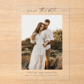 Modern Script 3 Photo Wedding Sla de datum op Acryl Uitnodigingen (Voorkant)
