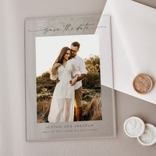 Modern Script 3 Photo Wedding Sla de datum op Acryl Uitnodigingen