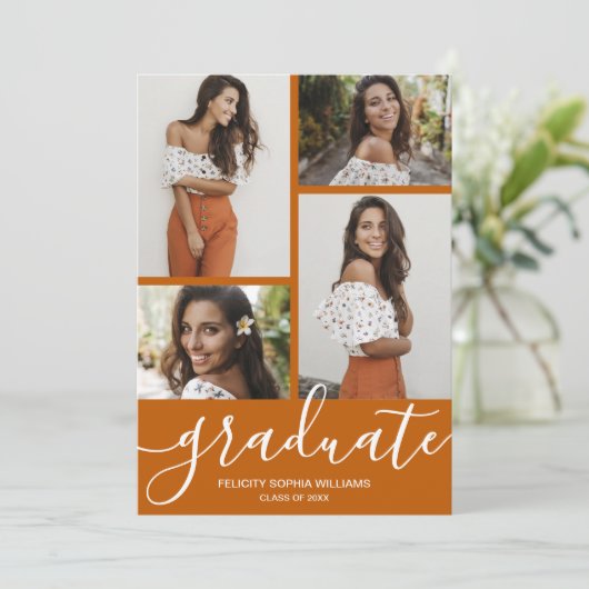 Modern Script 4 Foto gebrand Sinaasappel Afstudere Aankondiging (Staand voorkant)