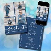 Modern Script 4 Foto Navy Blauw Afstuderen Aankondiging