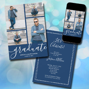 Modern Script 4 Foto Navy Blauw Afstuderen Aankondiging