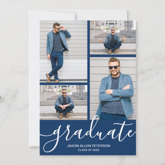Modern Script 4 Foto Navy Blauw Afstuderen Aankondiging (Voorkant)