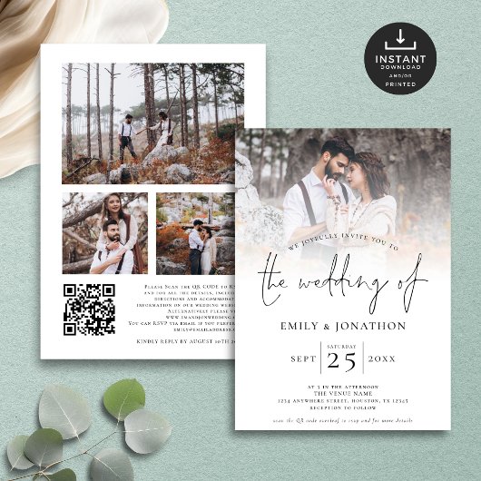 Modern Script 4 Foto's Overlay QR Code Bruiloft Kaart