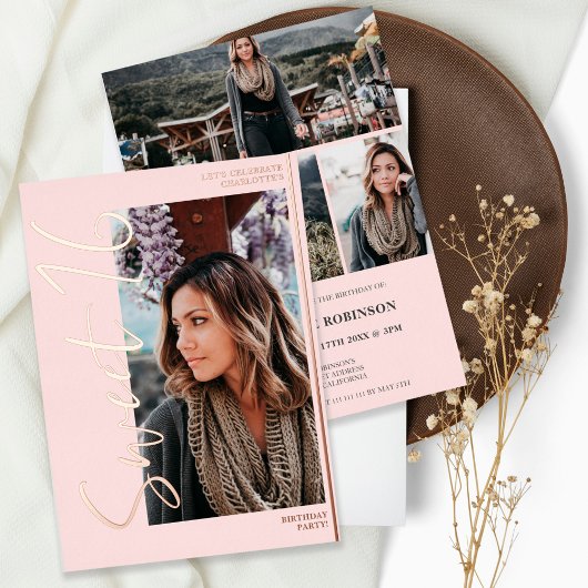Modern script 4 foto's roze Sweet 16 roos goud Folie Uitnodiging