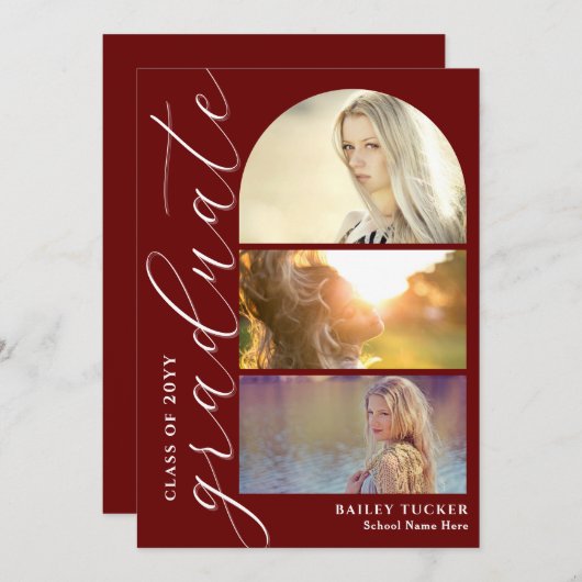 Modern Script 4-Photo Dark Red Arch Afstuderen Bedankkaart (Voorkant / Achterkant)