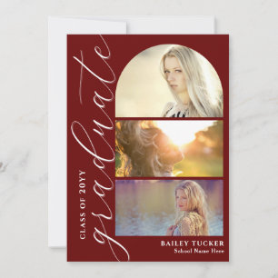 Modern Script 4-Photo Dark Red Arch Afstuderen Bedankkaart