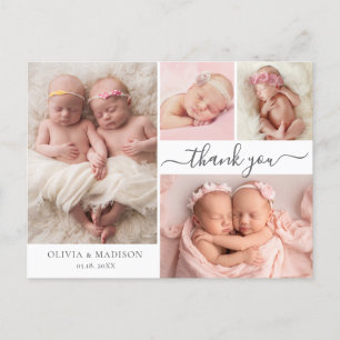 Modern Script 4 Photo Girl Twins Baby Dank u Briefkaart
