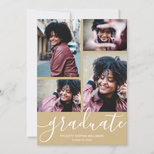 Modern Script 4 Photo Light Gold Afstuderen Aankondiging (Voorkant)