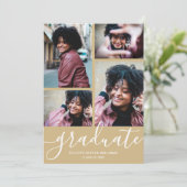 Modern Script 4 Photo Light Gold Afstuderen Aankondiging (Staand voorkant)