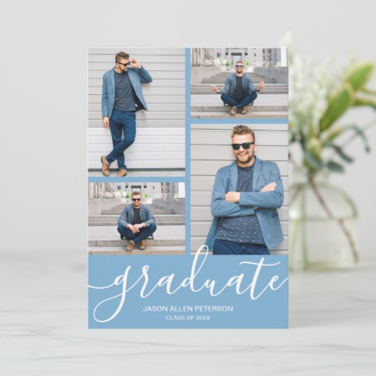 Modern Script 4 Photo Powder Blue Afstuderen Aankondiging (Staand voorkant)